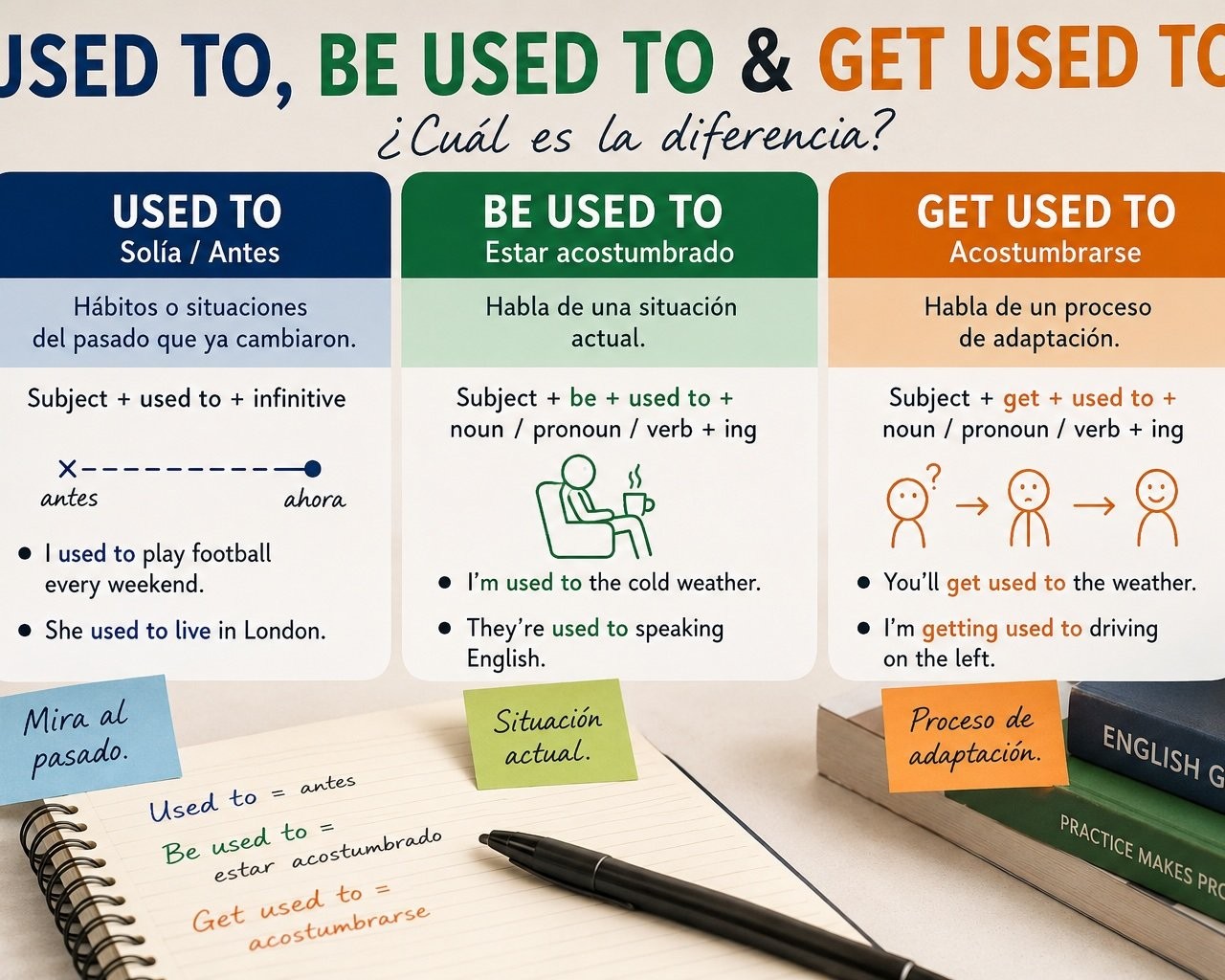 Cómo usar Used To, Be Used To y Get Used To