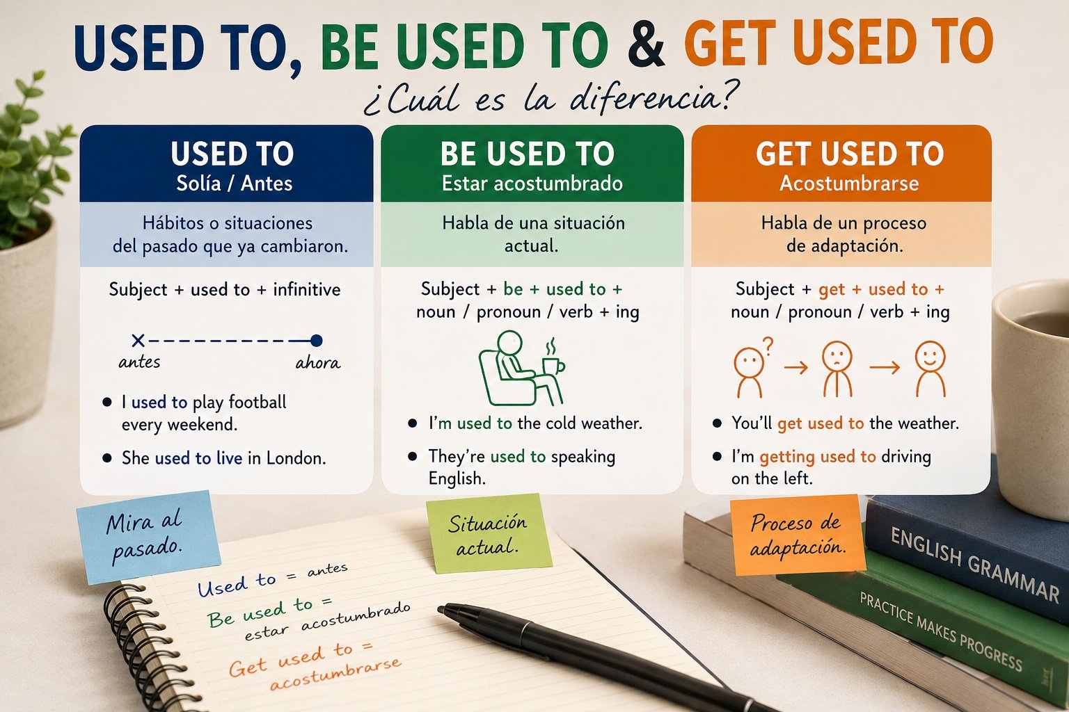 Cómo usar Used To, Be Used To y Get Used To