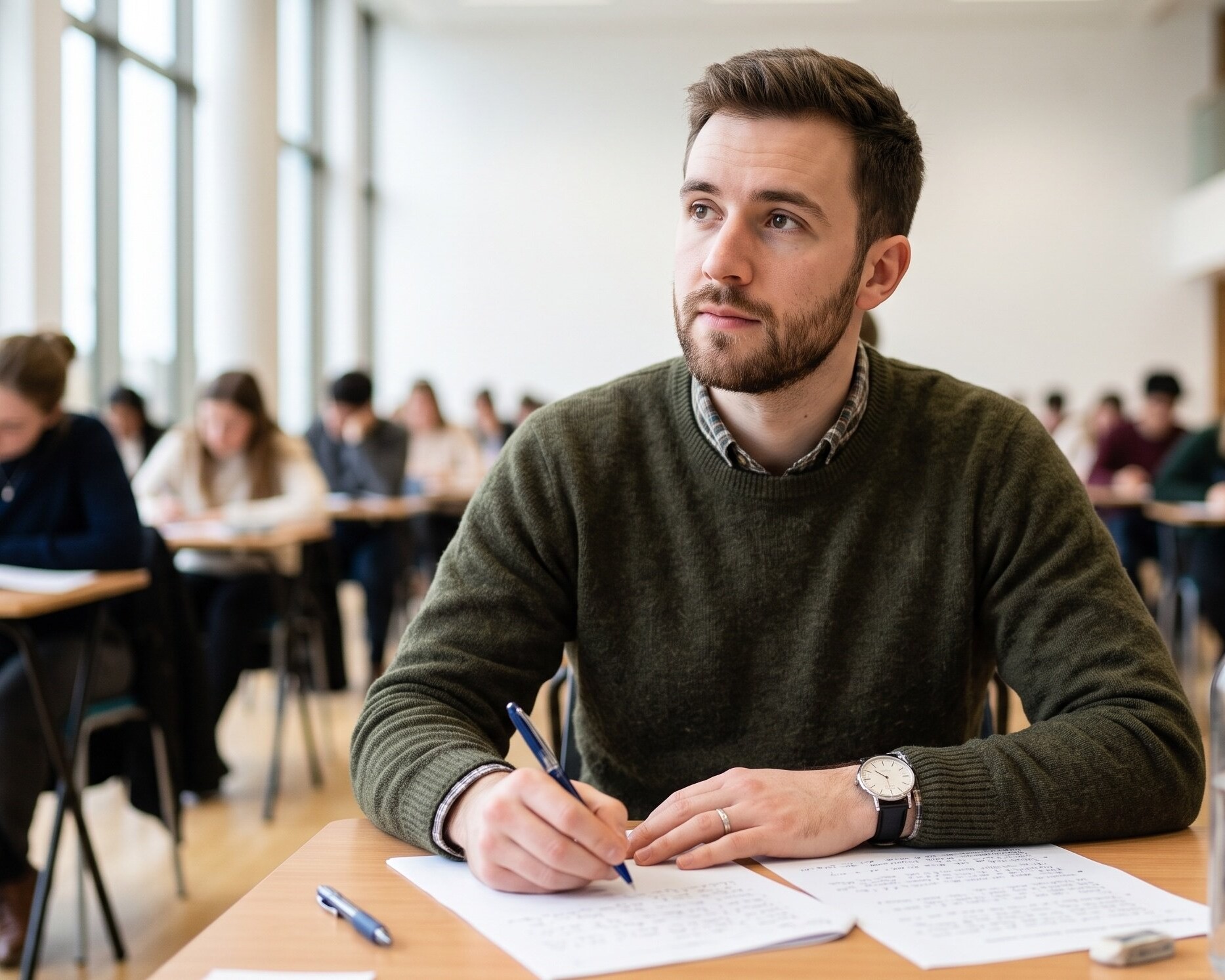 Hombre realizando la prueba de Writing del Cambridge B2 First, escribiendo un texto en inglés durante un examen oficial con concentración y confianza.