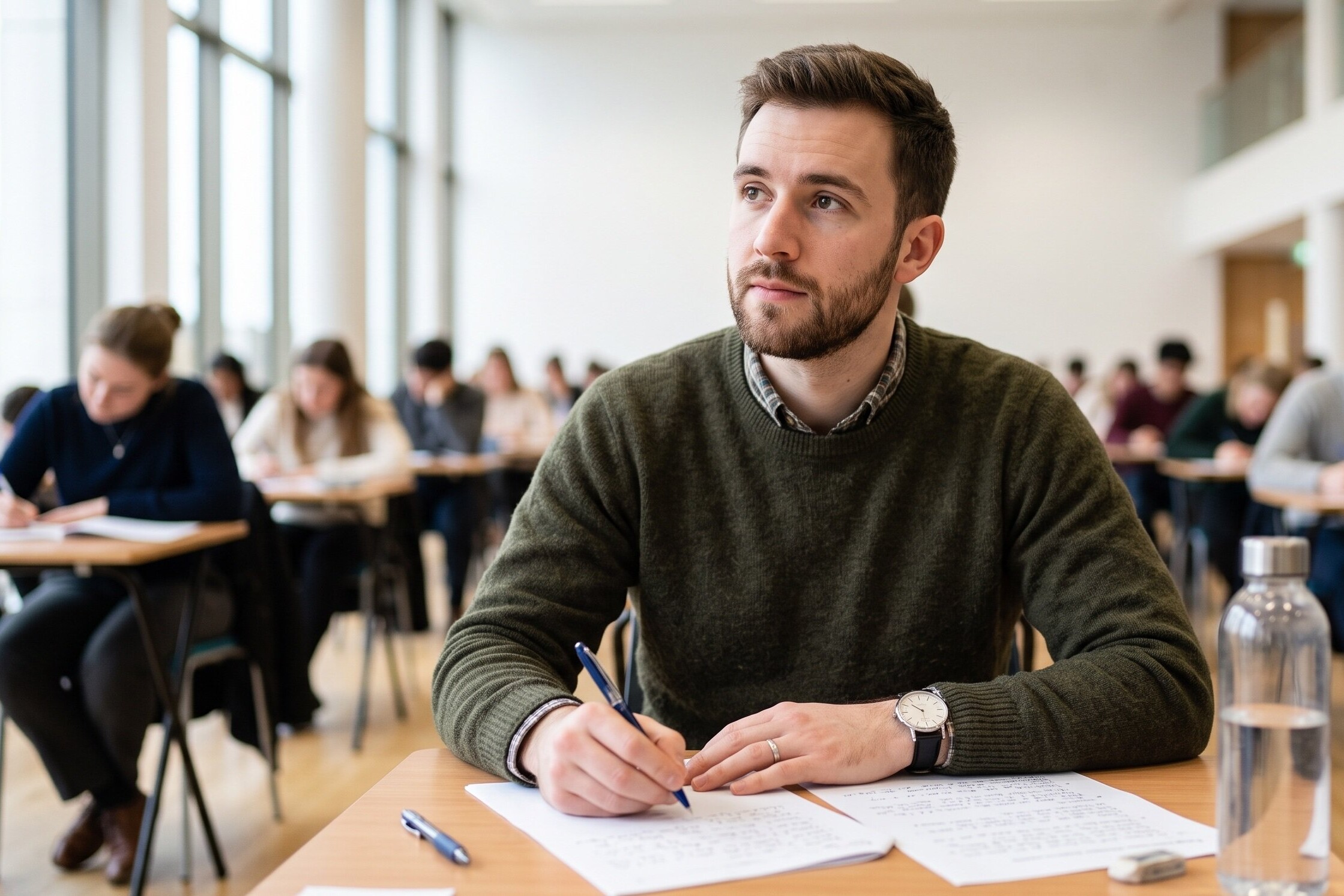 Hombre realizando la prueba de Writing del Cambridge B2 First, escribiendo un texto en inglés durante un examen oficial con concentración y confianza.