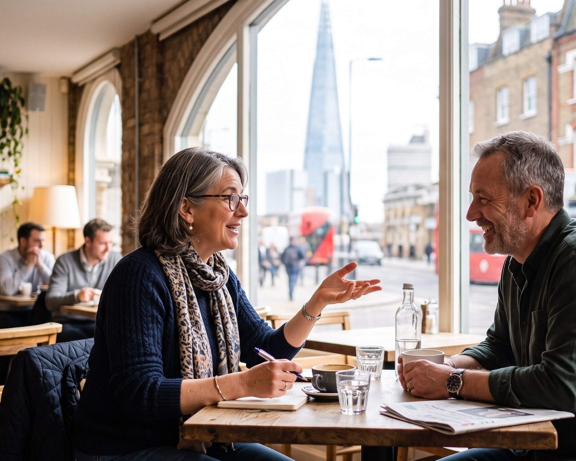 Estudiante de inglés conversando con un hablante nativo en una cafetería de Londres.