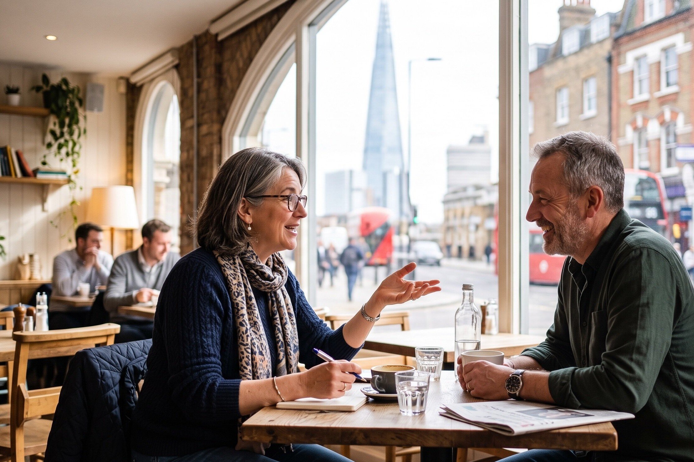 Estudiante de inglés conversando con un hablante nativo en una cafetería de Londres.