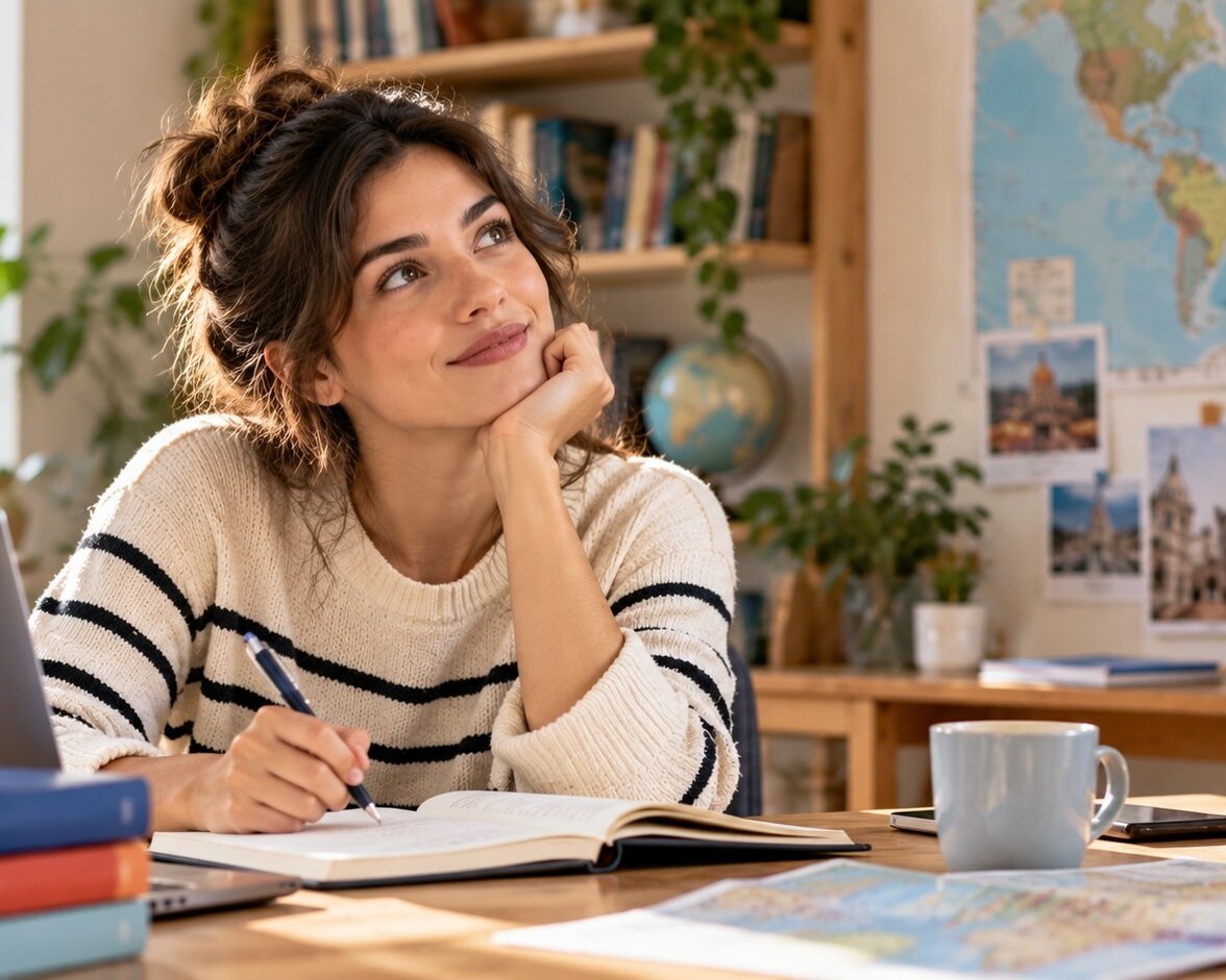 Estudiante de inglés tomando apuntes en un escritorio con libros, portátil y un mapa al fondo.