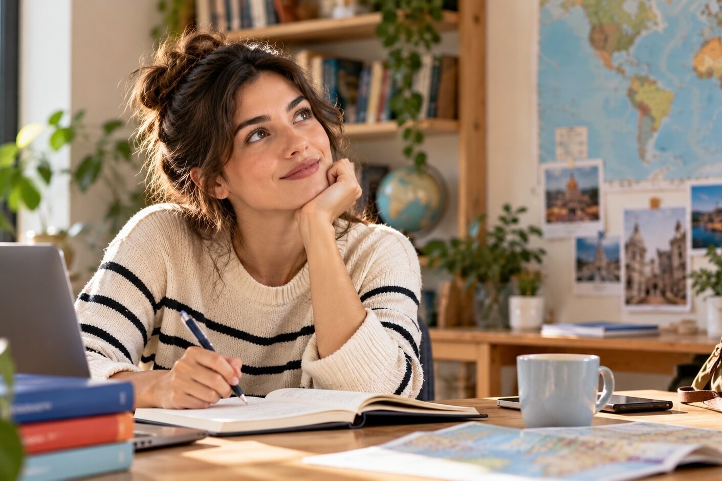 Estudiante de inglés tomando apuntes en un escritorio con libros, portátil y un mapa al fondo.