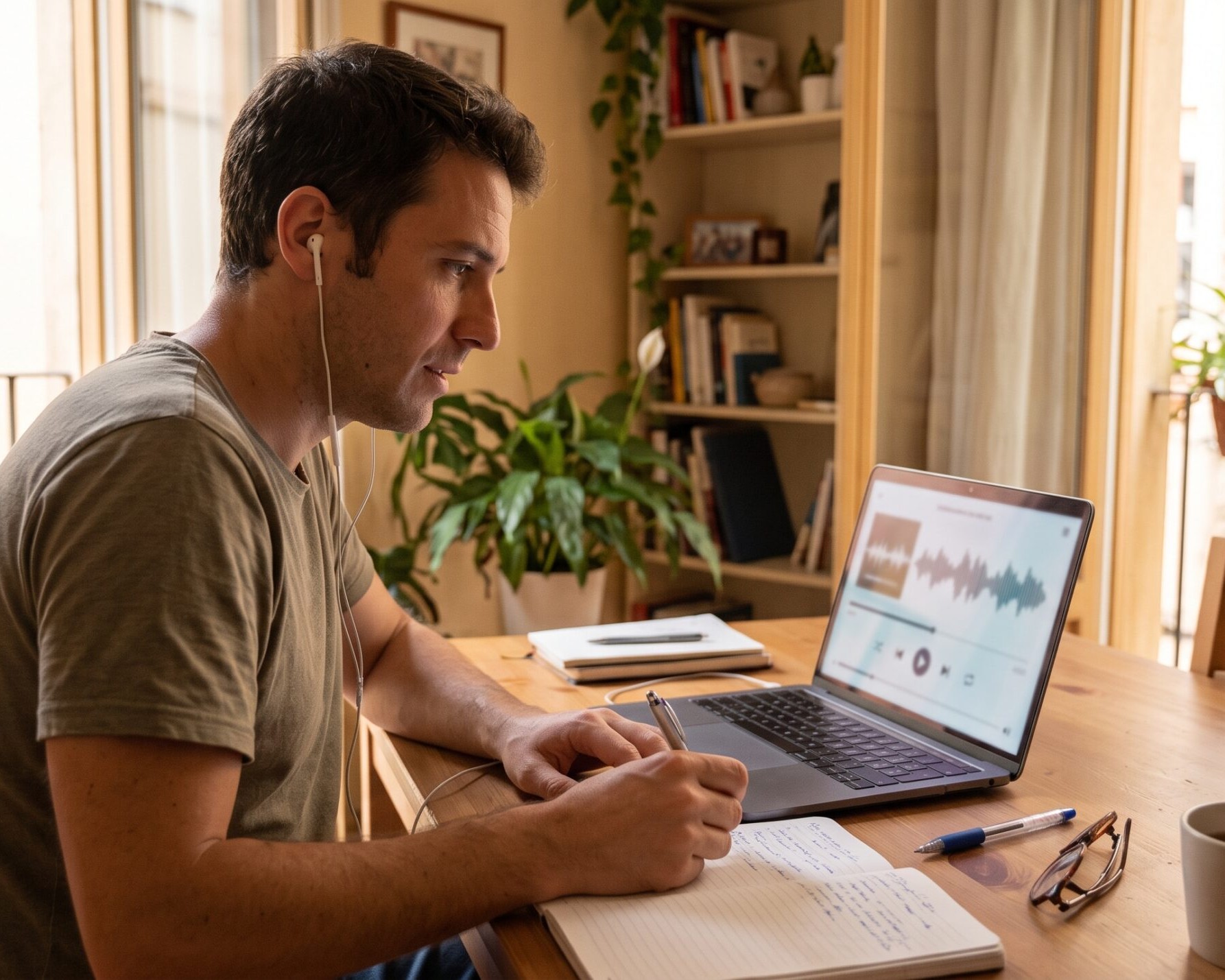 Estudiante adulto practicando listening en inglés con auriculares y un portátil en casa.