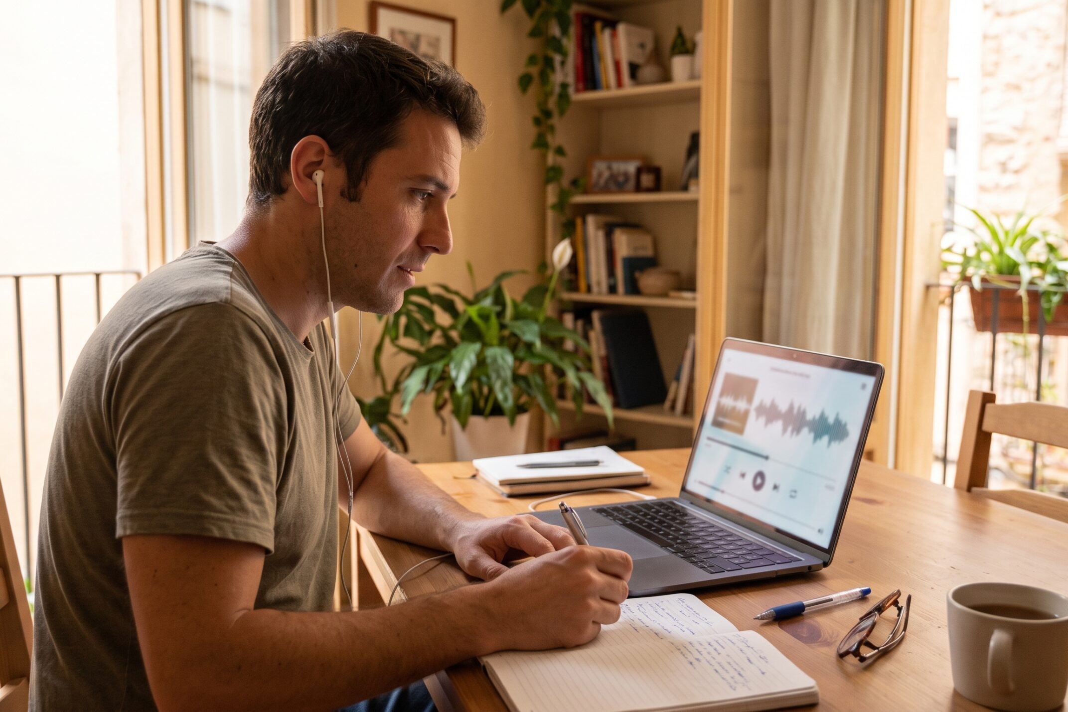 Estudiante adulto practicando listening en inglés con auriculares y un portátil en casa.